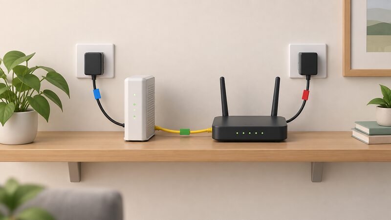 A shelf in a home with a Wi-Fi router and a separate modem box side by side, each connected by its own cable to a wall socket, with plain unlabelled colour tags on the mains leads and the link cable between the two boxes.
