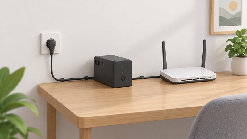 A small isometric desk scene showing a compact UPS unit plugged into a wall socket, with the router's power lead running through the UPS to the router, cables neatly routed along the desk edge.