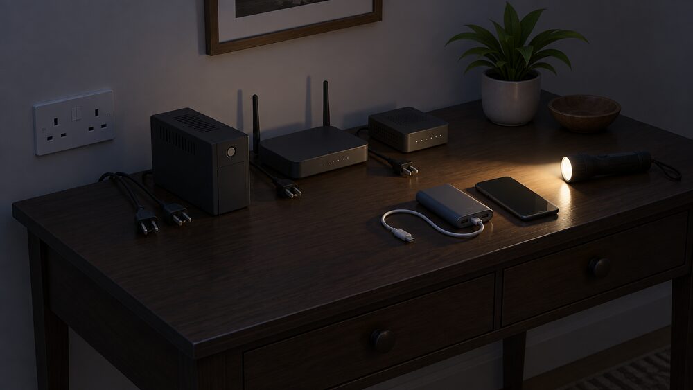 A dark hallway table during a power cut: a Wi-Fi router and its modem sit unplugged beside a small UPS box, a portable power bank with a charging cable, a torch and a mobile phone, all lit by the torch beam.
