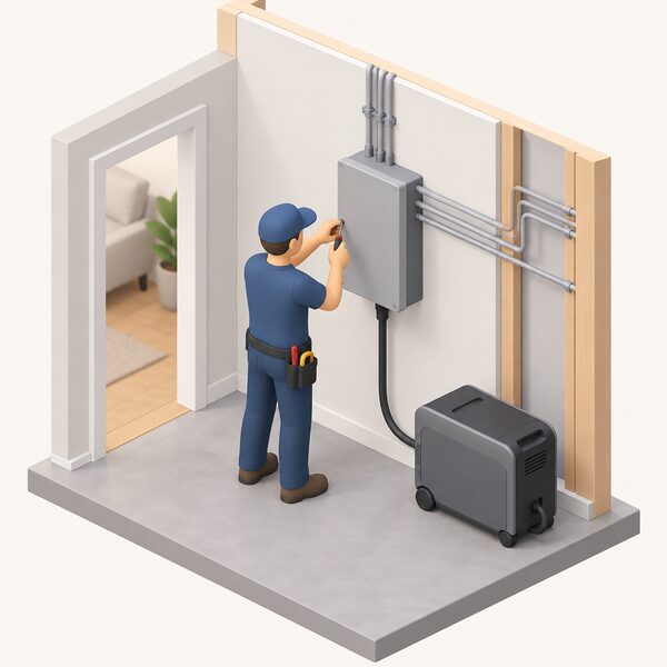 A licensed electrician in plain work clothing fits a wall-mounted Home Panel transfer switch unit to an interior wall, with its wiring running to the house circuits and a cable linking it to a SuperBase V battery standing nearby on the floor.