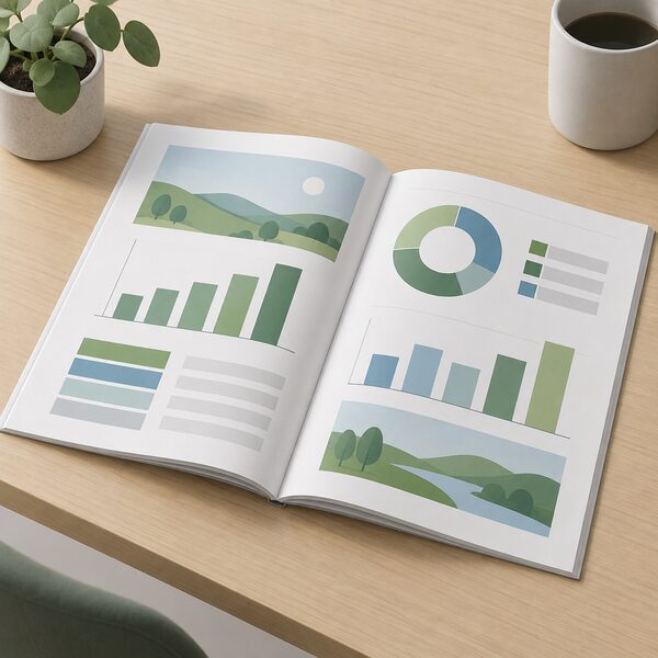 A printed sustainability report lying open on a plain table, its pages showing simple bar charts and colour blocks representing environmental accounting figures, with no readable words or numbers anywhere on the document.