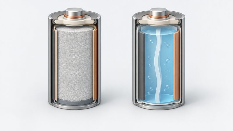 A cutaway diagram showing two battery cells side by side: a semi-solid state cell with a denser, more uniform interior beside a conventional lithium cell with a standard liquid electrolyte interior, both drawn as simple schematic objects.