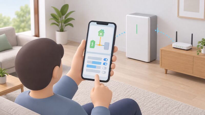 A hand holding a smartphone in a home setting, the screen showing a plain energy flow diagram with simple blocks and connecting lines plus a schedule screen of blank time bands, with a home battery unit and broadband router nearby.