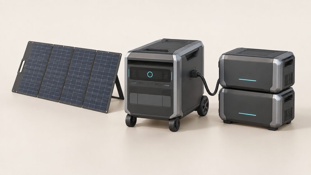 A large wheeled portable power station standing centrally with two satellite batteries stacked directly on top of each other beside it, connected by a battery cable, and a folding portable solar panel leaning nearby, all indoors on a plain floor.