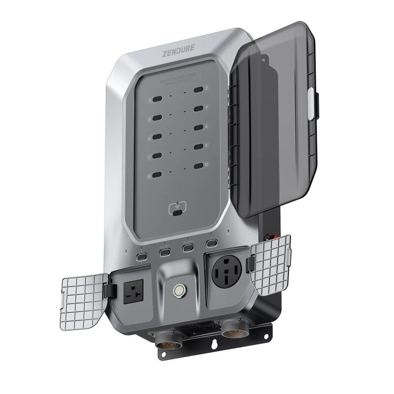 A Zendure Smart Home Panel with EV outlets, a grey wall-mounted electrical distribution unit shown against a white background