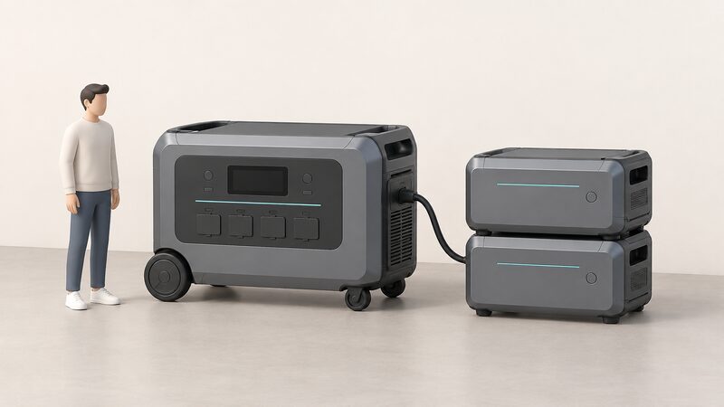 A large wheeled SuperBase V power station standing on a floor with two Satellite Battery units stacked directly on top of each other beside it, a single battery cable running from the stack to the SuperBase V.