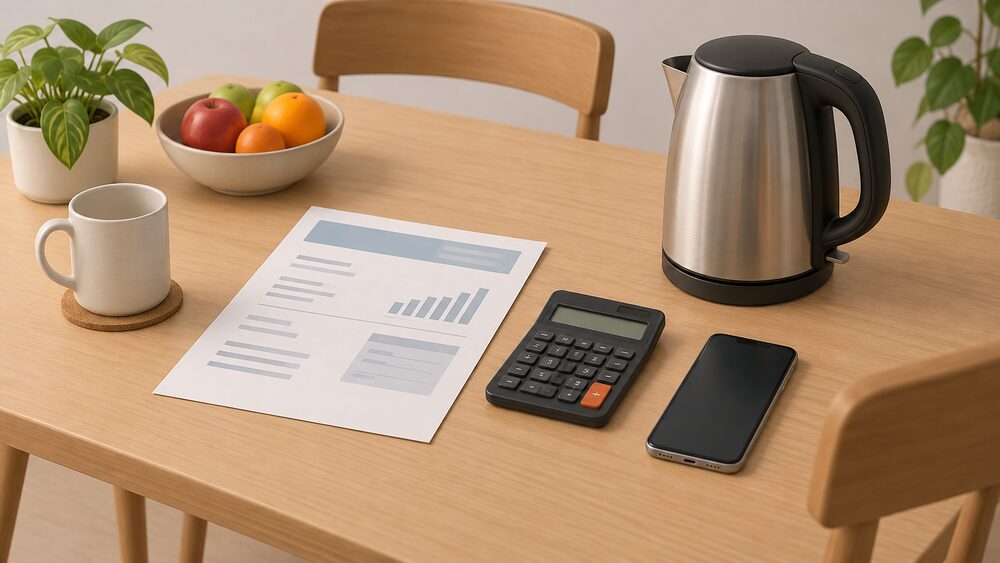 A kitchen table with a paper electricity bill, a calculator, a phone with a blank screen, and a cordless electric kettle beside it, arranged as someone sits down to work out what boiling the kettle costs to run.