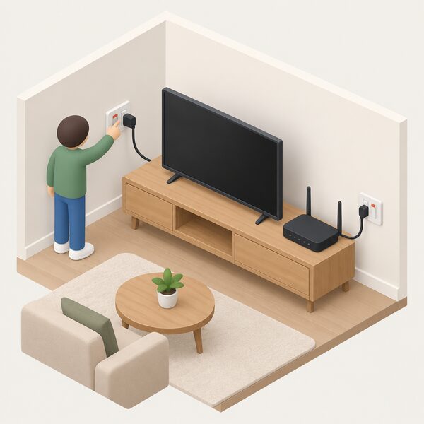 A living-room corner with a TV and a broadband router, each plugged into a wall socket switched off, a small isometric figure reaching to the socket switch, showing standby appliances turned off at the wall.