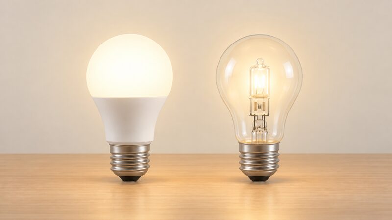 A side-by-side comparison of a single LED bulb and a halogen bulb of the same brightness standing upright on a plain table, drawn at the same size and shape so the two look equivalent, with no people or other equipment present.
