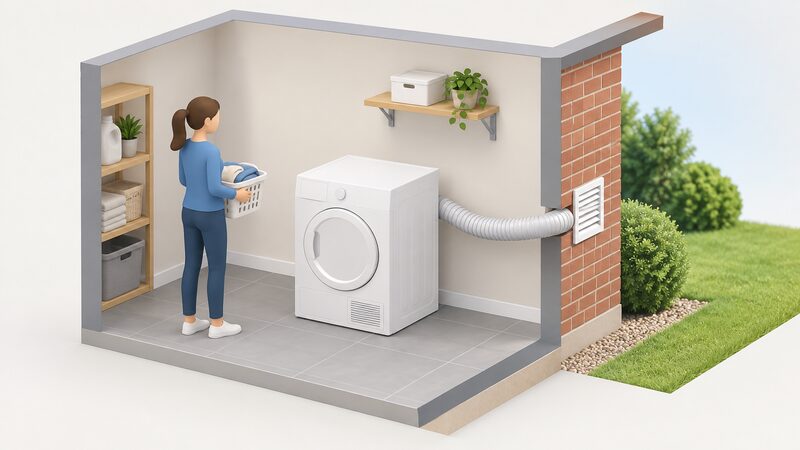 A vented tumble dryer standing in a utility room with a flexible hose running from its rear to a vent grille on the outside wall, shown in a simple cutaway view.