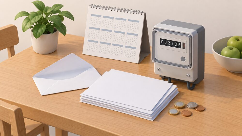 A kitchen table with a plain envelope opened beside a small stack of blank bills, a wall calendar showing a single year grid, a few coins, and a domestic electricity meter with its reading visible sitting at the edge of the papers.