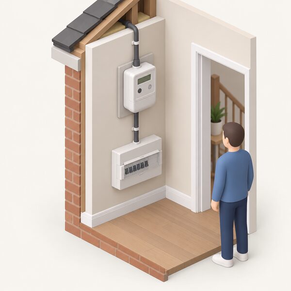 A domestic electricity meter in a wall-mounted cabinet on an interior wall of a home, with the supply cable entering from above and a cable running down to the consumer unit, drawn as a simple cutaway of the house corner.