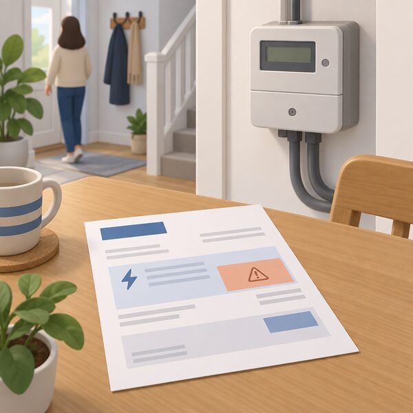 A paper energy bill lying flat on a household table, its reading area marked with a plain block indicating an estimated rather than actual meter reading, with a simple electricity meter visible nearby in the home.