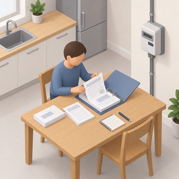 A simplified isometric household figure at a kitchen table filing energy bills, statements and a handwritten meter reading record into an open ring folder, with an electricity meter on a nearby wall and a pen beside the papers.