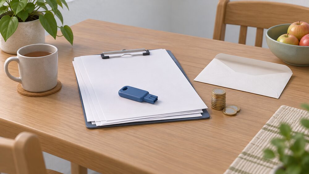 A kitchen table with blank application paperwork and a clipboard, a prepayment meter key resting on the forms, an unsealed envelope, and a small stack of coins, suggesting a household preparing a charity grant application to clear energy debt.