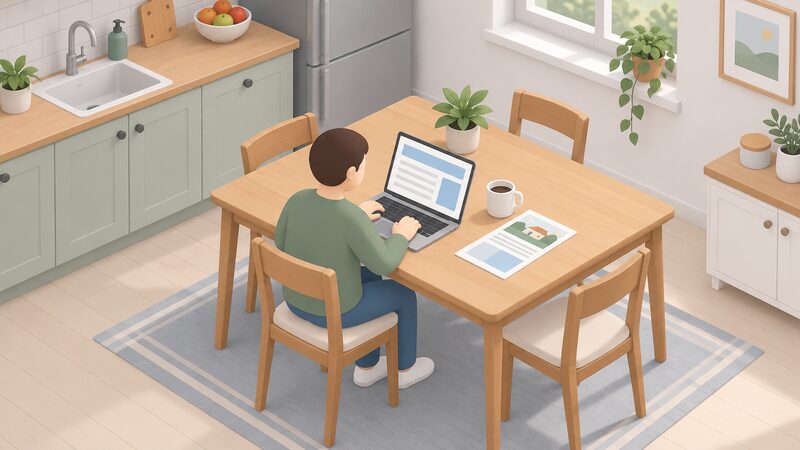 A simplified isometric figure sits at a kitchen table completing an online grant application on a laptop, the screen showing only blank lines and plain blocks, with a mug and a paper advice leaflet beside the device.