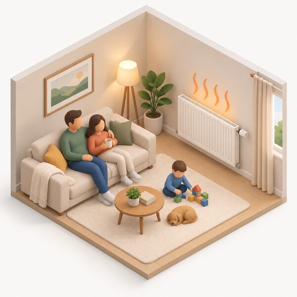A warm living room where a wall-mounted panel radiator with a valve at one end radiates heat beside a sofa, with two simplified isometric figures of adults and a child relaxing nearby in plain clothing, a small isometric figure of a child playing on the floor, and soft heat lines rising from the radiator into the cosy room.