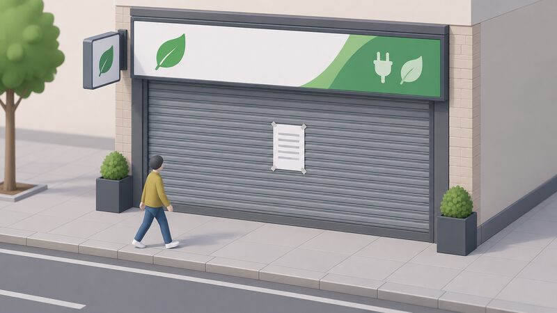 A closed high street energy shopfront with a metal security shutter pulled fully down over the window and door, and a plain white notice sheet taped to the shutter carrying only blank lines, while a passer-by walks past on the pavement outside.