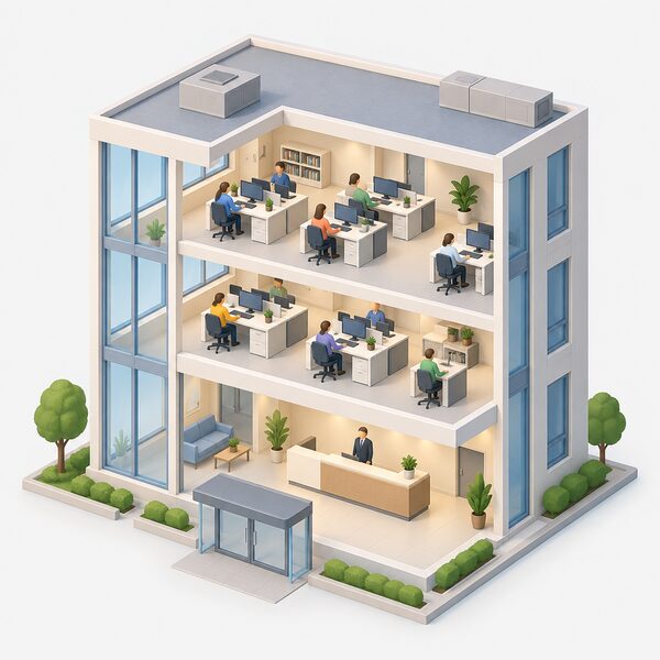 A large modern office building with an energy supplier's customer service staff working at desks inside, while a simplified administrator figure in plain clothing stands at a reception desk overseeing the continuing operation, with no sign of customers being transferred elsewhere.