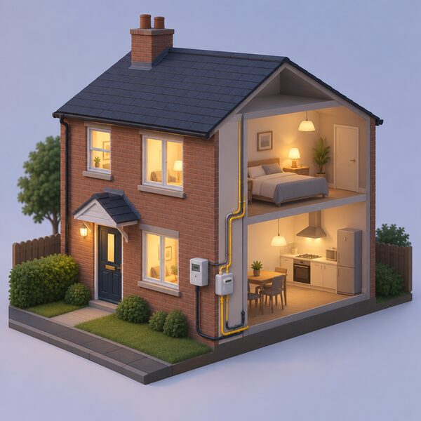 A simplified isometric cutaway of a small UK house at dusk with lights glowing in the windows, showing the electricity meter and gas meter on the outside wall with their supply cables and pipes running into the home, all intact and untouched.