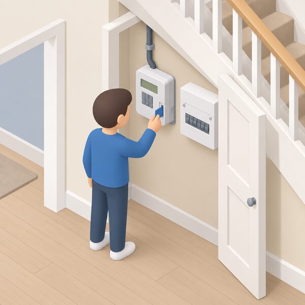 A simplified isometric figure stands at a prepayment electricity meter mounted on the wall of a home's hallway or under-stairs cupboard, inserting a top-up key or card into the meter's slot, with the meter's display and keypad shown plainly and the incoming supply cable visible entering the meter.