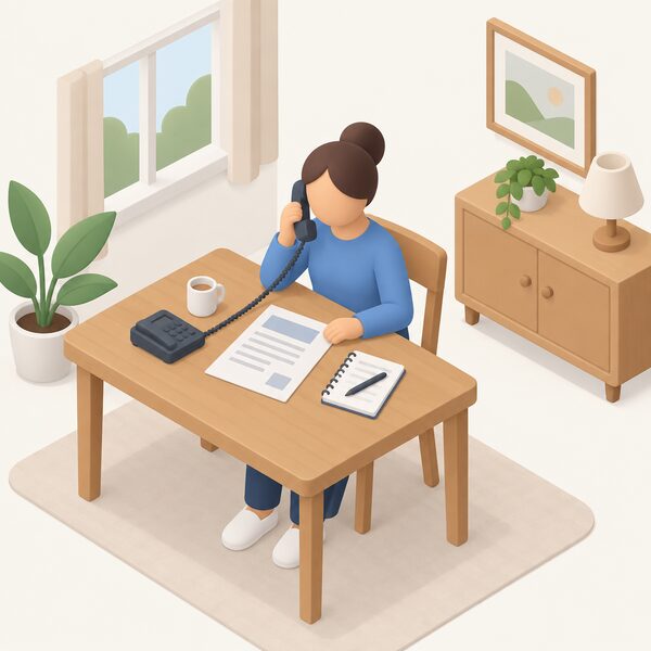 A simplified isometric figure sits at a home table holding a phone to their ear, with a paper energy bill and a notepad beside them, making a call to an energy supplier helpline about a billing problem.
