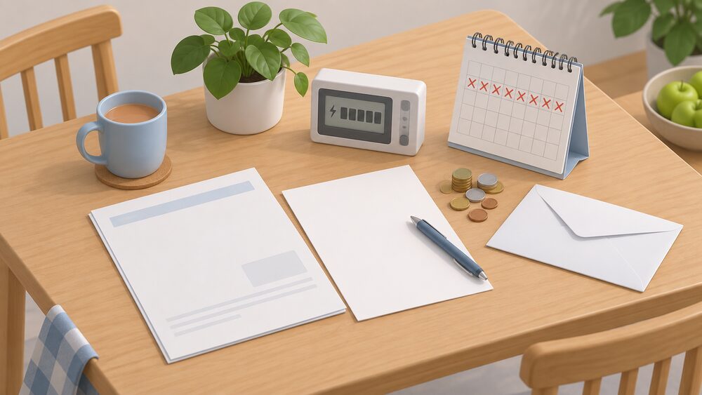A kitchen table with a blank energy bill and a blank complaint letter beside an envelope, a few coins, a calendar page and a small electricity meter reading display, arranged as the moment a household gathers evidence to challenge a direct debit increase.
