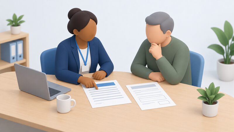 A Citizens Advice adviser and a householder sit together at a table in an advice setting, reviewing an energy account shown as a printed sheet with blank lines and a complaint form, the adviser pointing to the paperwork as they discuss the billing problem.