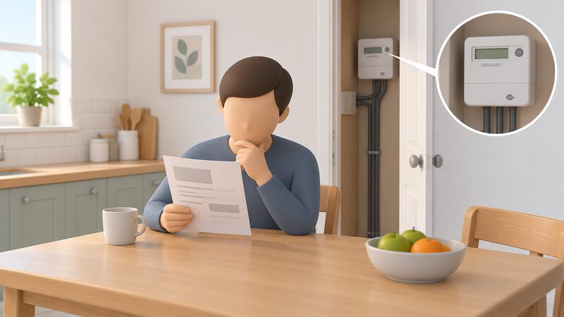 A householder at a kitchen table holding a recent electricity bill or statement in one hand while reading the electricity meter, shown as a small inset or through a doorway, comparing the two figures.