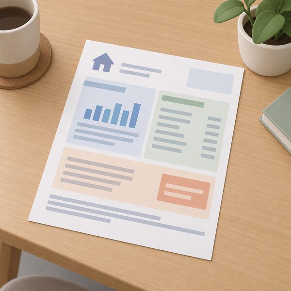 A single domestic energy bill laid flat on a household table, its layout showing blocks for consumption, tariff details and an account balance position, all content rendered as blank lines and plain colour bands with no readable words or numbers.