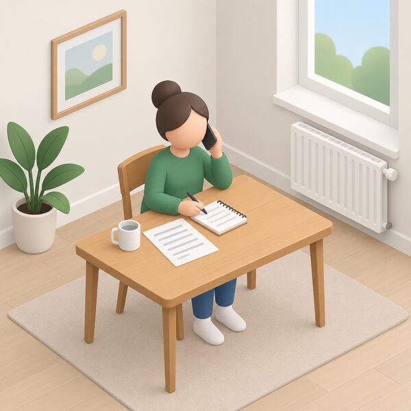 A small simplified isometric figure sits at a home table holding a phone to their ear, taking free independent energy advice, with a printed energy bill and a notepad beside them and a plain window and radiator in the background.