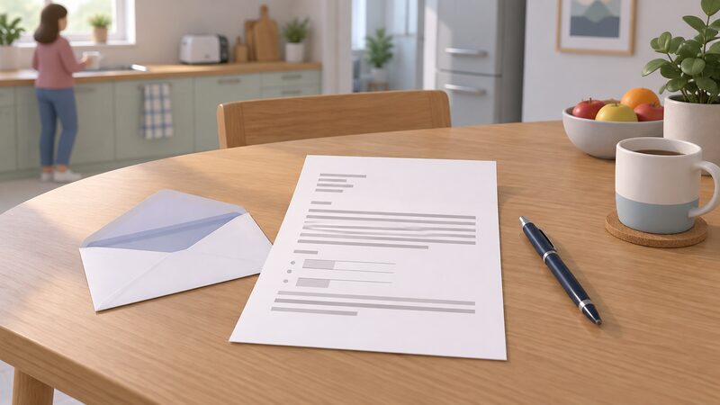 A handwritten complaint letter lying on a kitchen table beside an open envelope, with blank lines where the account number, meter readings and dates appear, and a pen resting beside it ready to post.