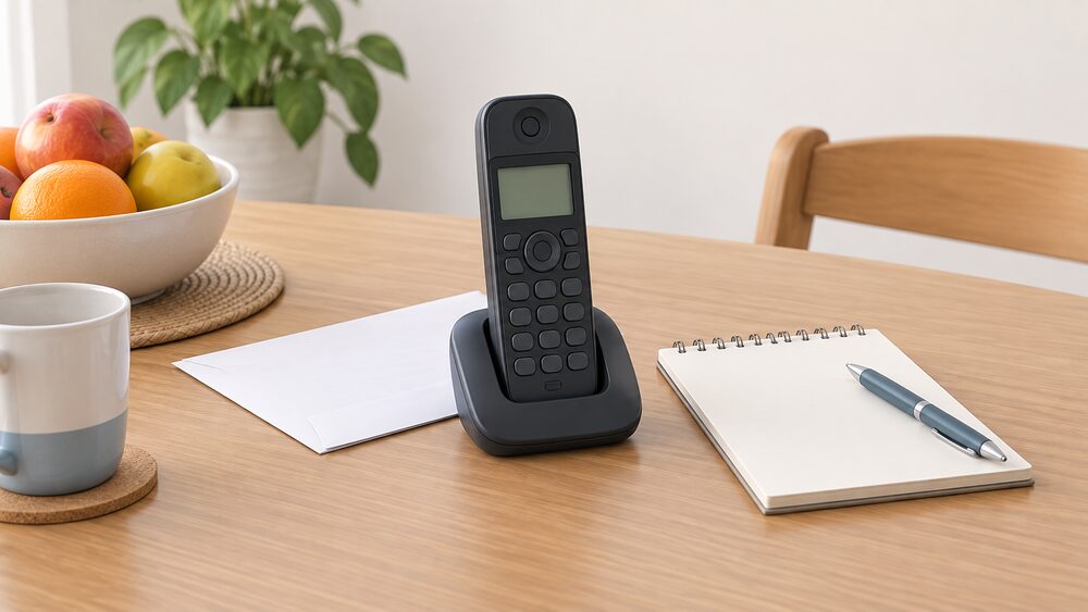 A cordless home telephone resting on a kitchen table beside a blank notepad and a pen, with a household energy bill face down underneath, ready for a free call to a consumer advice service about a bill or supply problem.