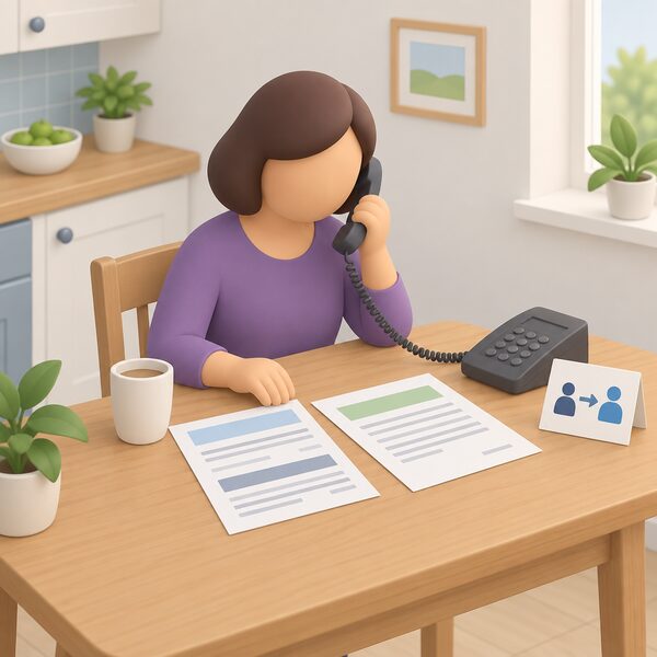 A householder sitting at a kitchen table telephoning the consumer service about an energy bill, with a printed bill and a supplier letter on the table and a small referral card beside the phone suggesting the Extra Help Unit route.