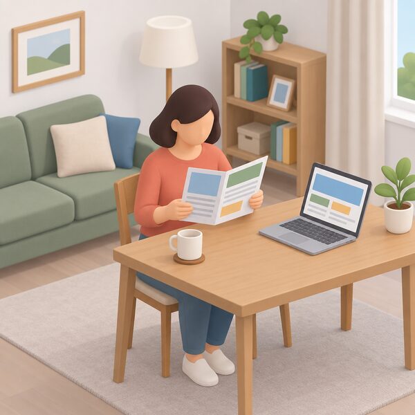 A householder at home seated at a table reading a printed advice leaflet about energy bills, with a laptop showing a plain advice webpage beside them, both free published sources of support, in a simple domestic living room setting.