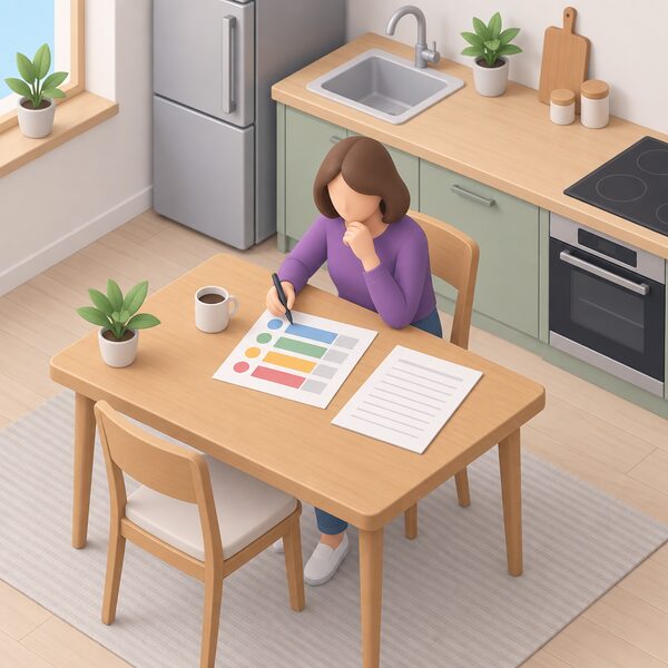 A householder at a kitchen table studying a printed ratings sheet showing plain colour-banded customer service scores for several suppliers, with a pen in hand and a blank contract form beside it, deciding before committing.