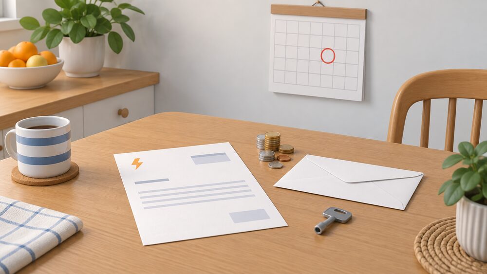 A closed-scheme record scene: a blank energy bill letter beside a sealed envelope, a small stack of coins, a domestic electricity meter key and a wall calendar with a single date ringed, arranged on a kitchen table.