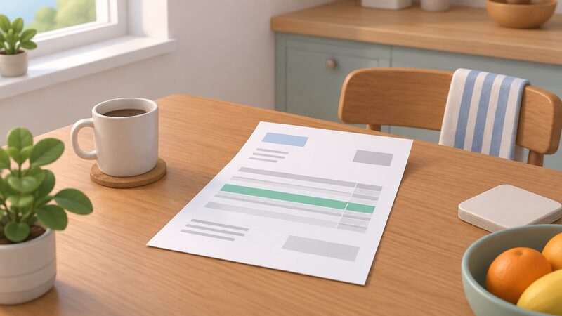 A paper household energy bill lying on a kitchen table, with one line on the bill highlighted as a plain colour band to show the government discount applied as a supplier credit, with no readable figures or words anywhere on the document.