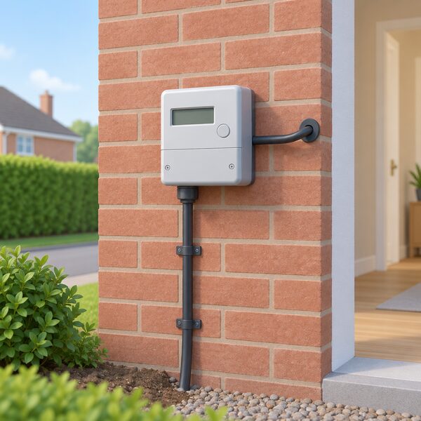 A domestic electricity meter mounted on the outside brick wall of a UK house, with the incoming supply cable rising from the ground to the meter and a cable continuing from the meter into the wall, showing the connection point through which the automatic credit was paid.
