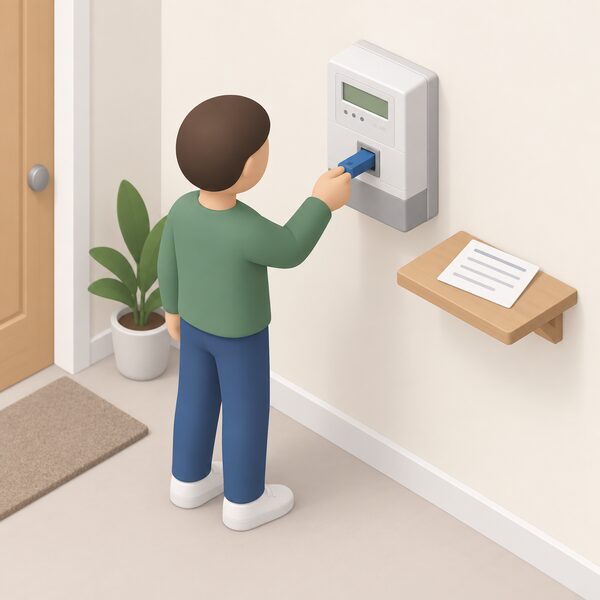 A small isometric figure stands at an indoor prepayment electricity meter on a wall, inserting a top-up key into its slot, with a paper voucher resting on a nearby shelf to show the redemption step prepayment customers had to take before the deadline.