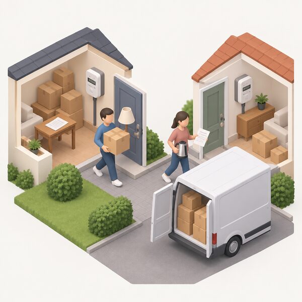 A small isometric household moving scene with packed cardboard boxes, a lamp and a kettle being carried out of one home's front door toward a van, with two electricity meters implied by two plain bill sheets, one left behind on a table and one held, showing the split between two supply accounts.