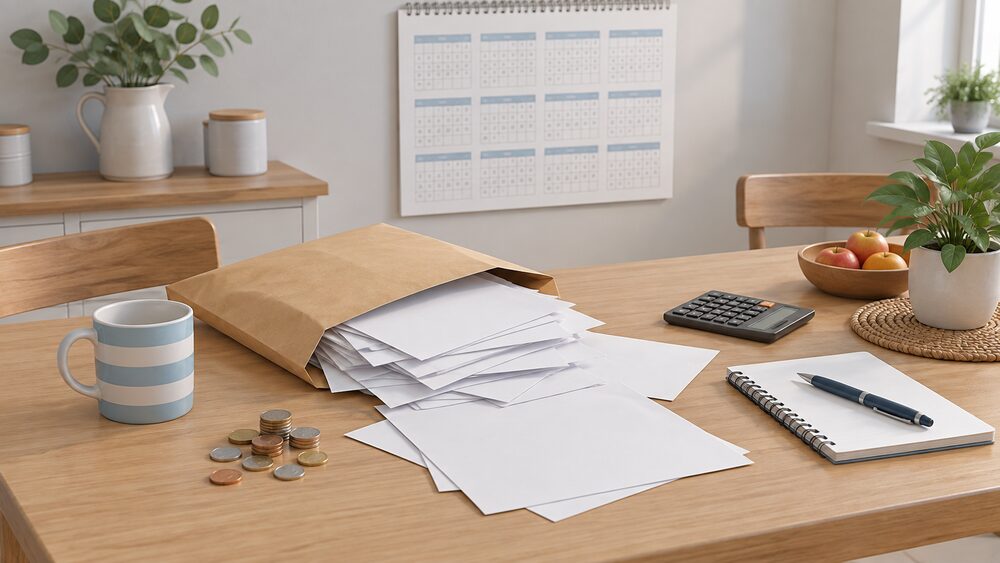 A kitchen table with a thick envelope of bills spilling blank paperwork, a wall calendar showing a twelve-month span, loose coins and a pen resting on a notepad, suggesting a household disputing a catch-up energy bill.