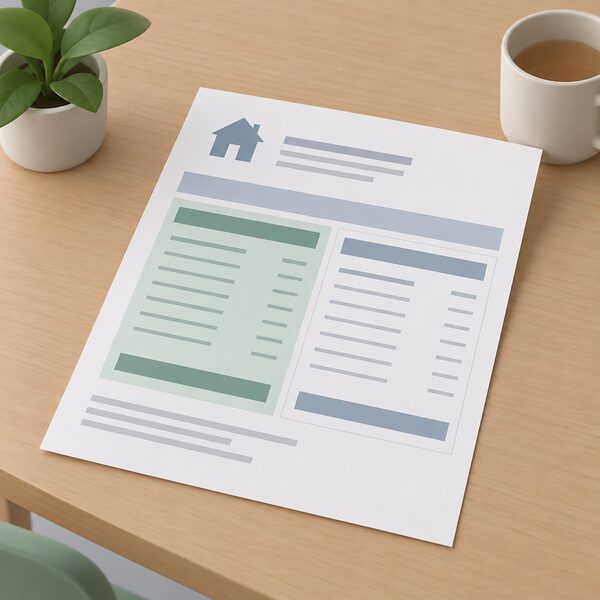 A paper energy bill lying flat on a household table, its layout divided into two distinct blocks of charges — an older block shaded to show the protected period and a newer block left plain for the payable period — with blank lines standing in for all readings and figures.
