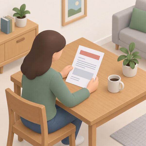 A printed deadlock letter lying on a household table, its content shown only as blank lines and plain blocks, with a simplified figure seated beside it reading it as the step before contacting the Energy Ombudsman.