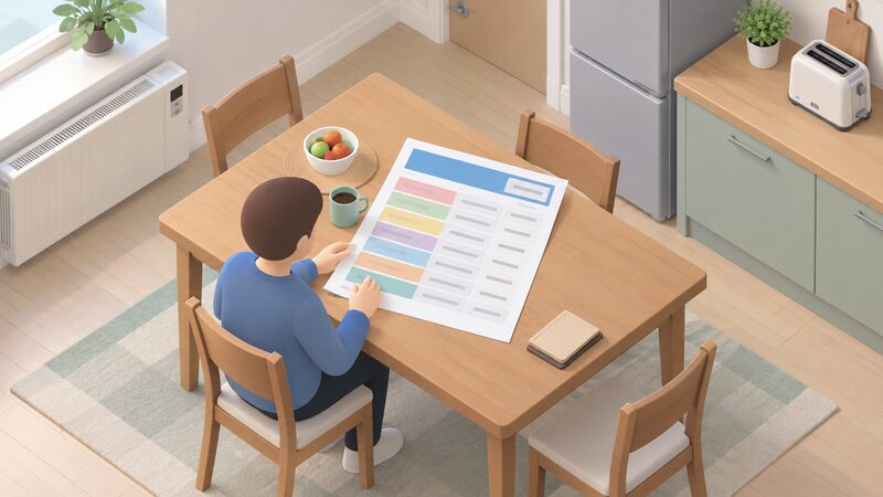 A printed Consumer Council Economy 7 comparison table sheet lying on a household table, its rows of supplier tariffs shown as plain colour bands and blank lines, with a date block at the top and a small isometric figure leafing through it.