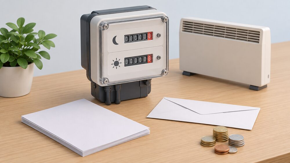 A two-rate electricity meter with two separate registers standing on a table beside blank billing paperwork, a plain envelope and a small pile of coins, with a compact storage heater shown as a small model behind the paperwork.