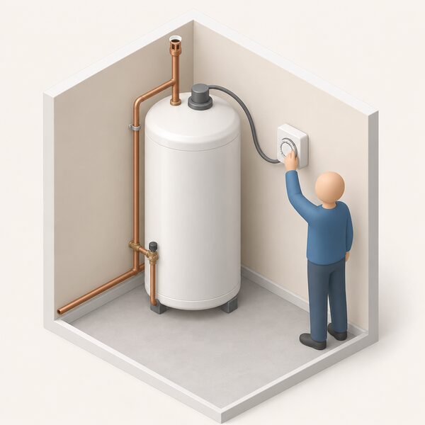 A small isometric figure sets the mechanical timer switch on the wall beside a hot water cylinder whose top immersion heater is wired to it, showing how timed electric water heating shifts consumption into the off-peak night register.