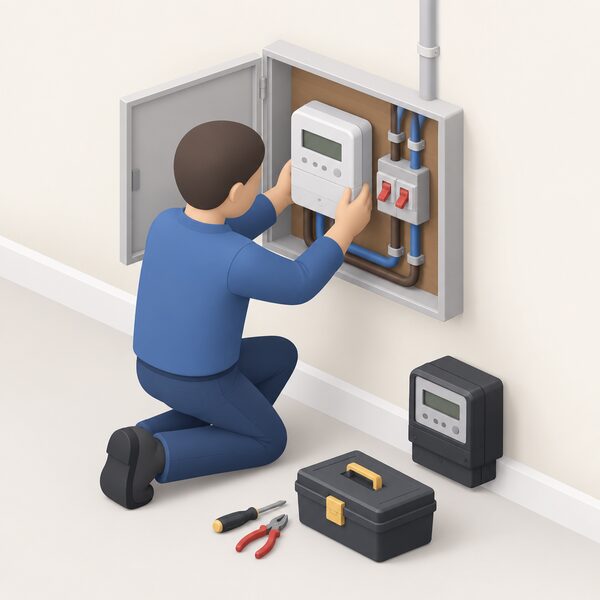 An engineer in plain work clothing kneels beside an open electricity meter box on an inside wall, fitting a new Economy 10 meter with the supply isolated, tools and the old meter set aside nearby.