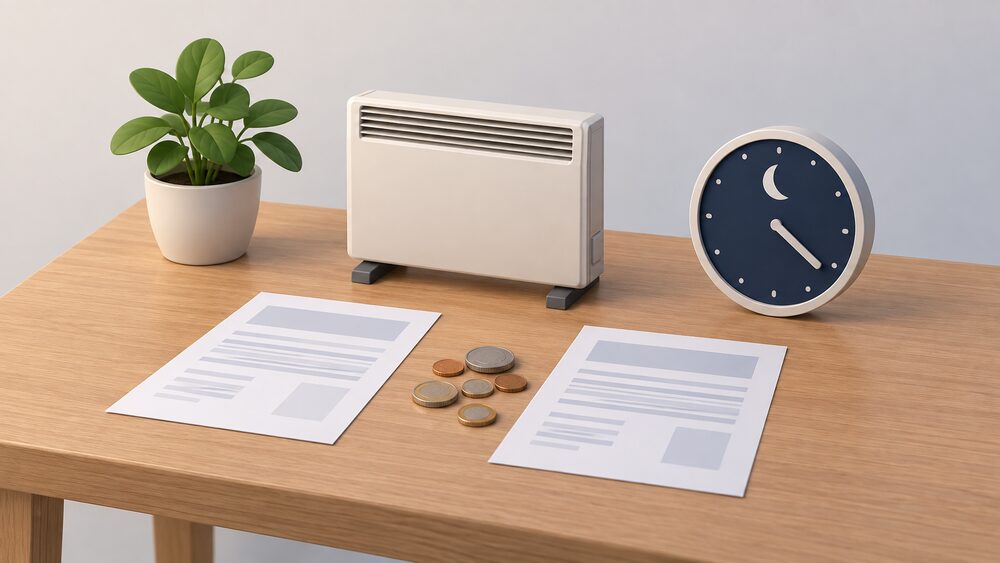 A small model of a storage heater stands on a table beside two blank electricity bills laid side by side, with a round wall-style clock face showing a night-time hour and a few coins scattered between the papers.