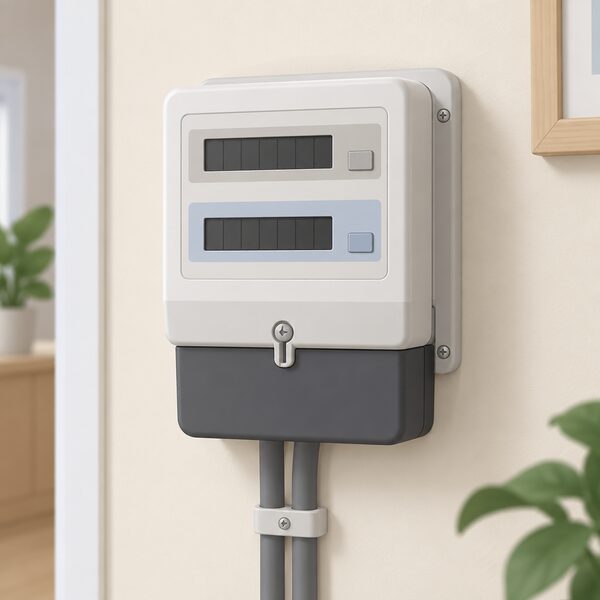 A close-up of a domestic Economy 7 electricity meter mounted on a wall, drawn as a physical object with two separate registers shown as blank display blocks, one above the other, with no readable figures.